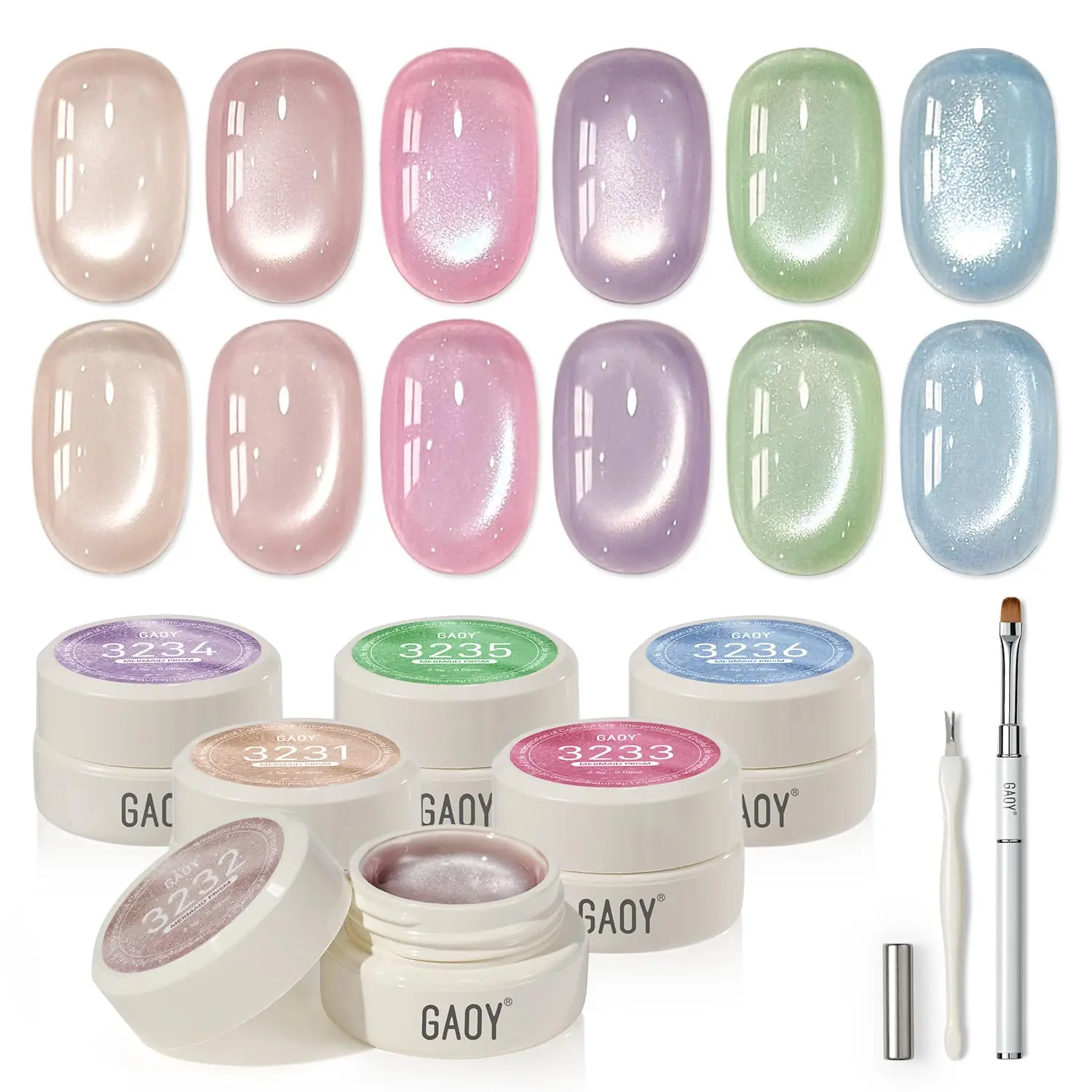 GAOY Mermaid Prism Sheer Silk Cat Eye Gel Nail Polish Set, 6 Colors Jelly Pink Blue Green Holographic with Magnet, for Salon Manicure & Nail Art DIY at Home