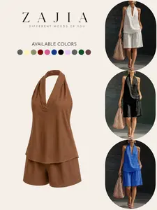 2026 New Arrival Women's Halter V Neck Sleeveless Casual Fashion Shorts Set, European & American Style, Trendy Summer