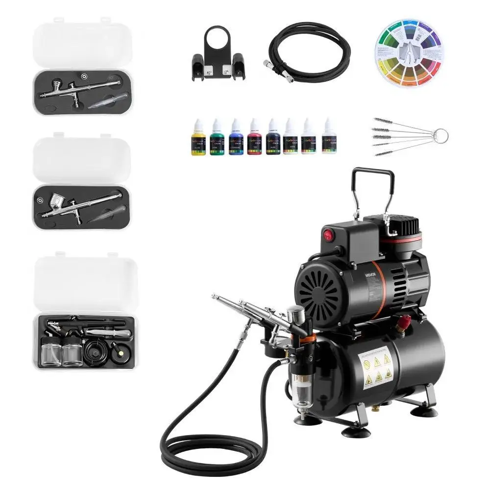 VEVOR 1/6 HP Airbrush Full Kit with Air Compressor, Tank, 3 Dual-Action Professional Airbrushes, 3 Tips, Hose, Acrylic Paint, 2 Cooling Fans, Adjustable Flow Control for Cake Decorating, Car Detailing, 23–25L/Min Flow