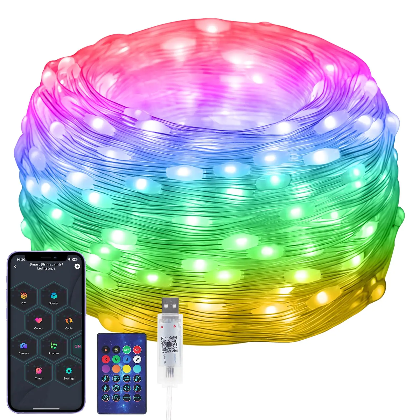 33Ft 100 LED Smart Color Changing String Lights - APP Control Music Sync 16 Scenes, IP65, USB Powered, Fairy Lights for Outdoor/Indoor Christmas Tree Deco