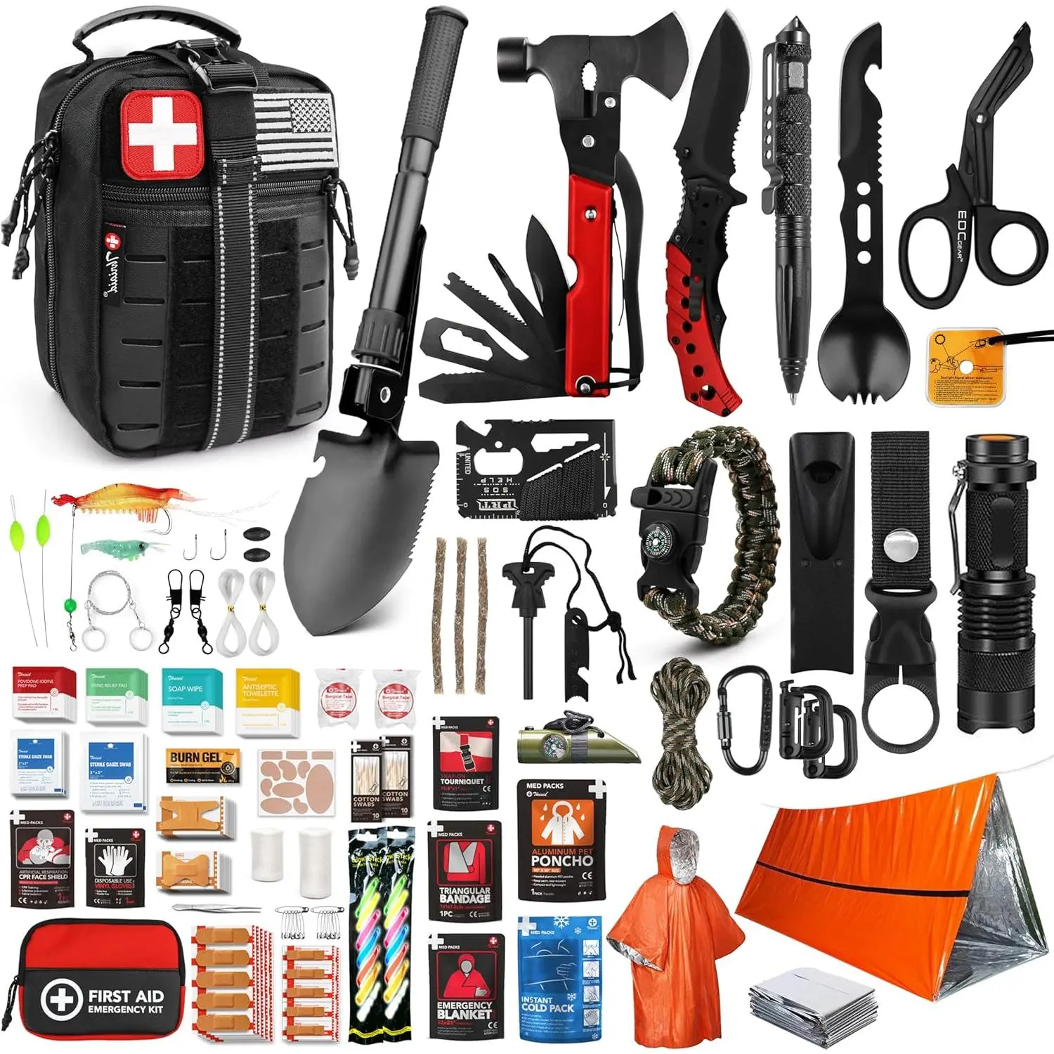 Military-Style Nylon Outdoor Survival Gear Kit - 190-Pcs Emergency Tool, Tactical Equipment, Medical Supplies, Molle Pouch, Portable Prepper Gear, Camping Accessory, Car Safety Item, Father’s Day Gift