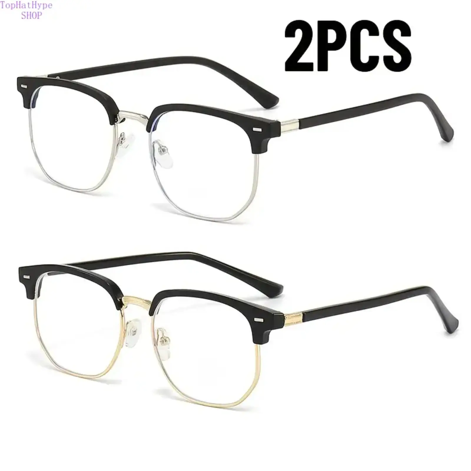 Unisex 2-Pair Ultra-Light Semi-Rimmed Photochromic Anti Blue Light Glasses, Business Casual Eyewear with Stylish Frames, for Daily Commute & Office Use, Photochromic Lens, Photochromic Non-Prescription Glasses, Self-Tinting Non-Prescription Glasses