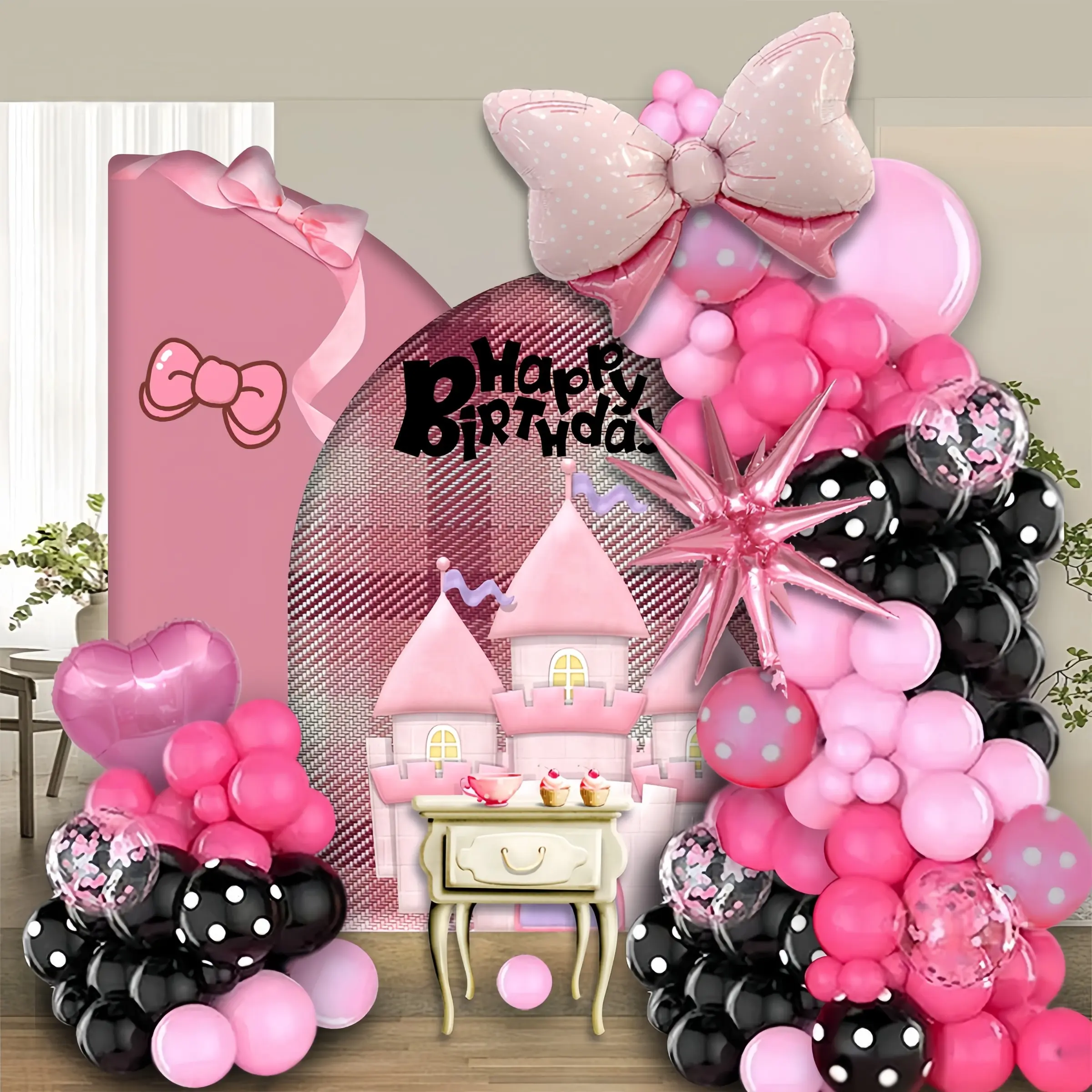 101 pieces of pink bow balloon birthday party decoration set, pink bow explosion star balloon paired with pink rose latex balloon is perfect for girls' birthday parties, queen's birthday anniversary decoration balloons preferred