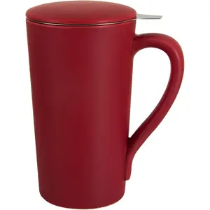 Tea Cup with Infuser and Lid, 20oz Tea Mug with Handle, Dishwasher and Microwave Safe, Ceramic Strainer Cup Gifts for Steeping Loose Leaf tea Lovers, Red