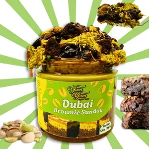 Pistachio Dubai Brownie Sundae Chocolate Fudge, Pistachio Cream, Caramel, & Brownie Chunks, Dessert Sweet Snack Topping