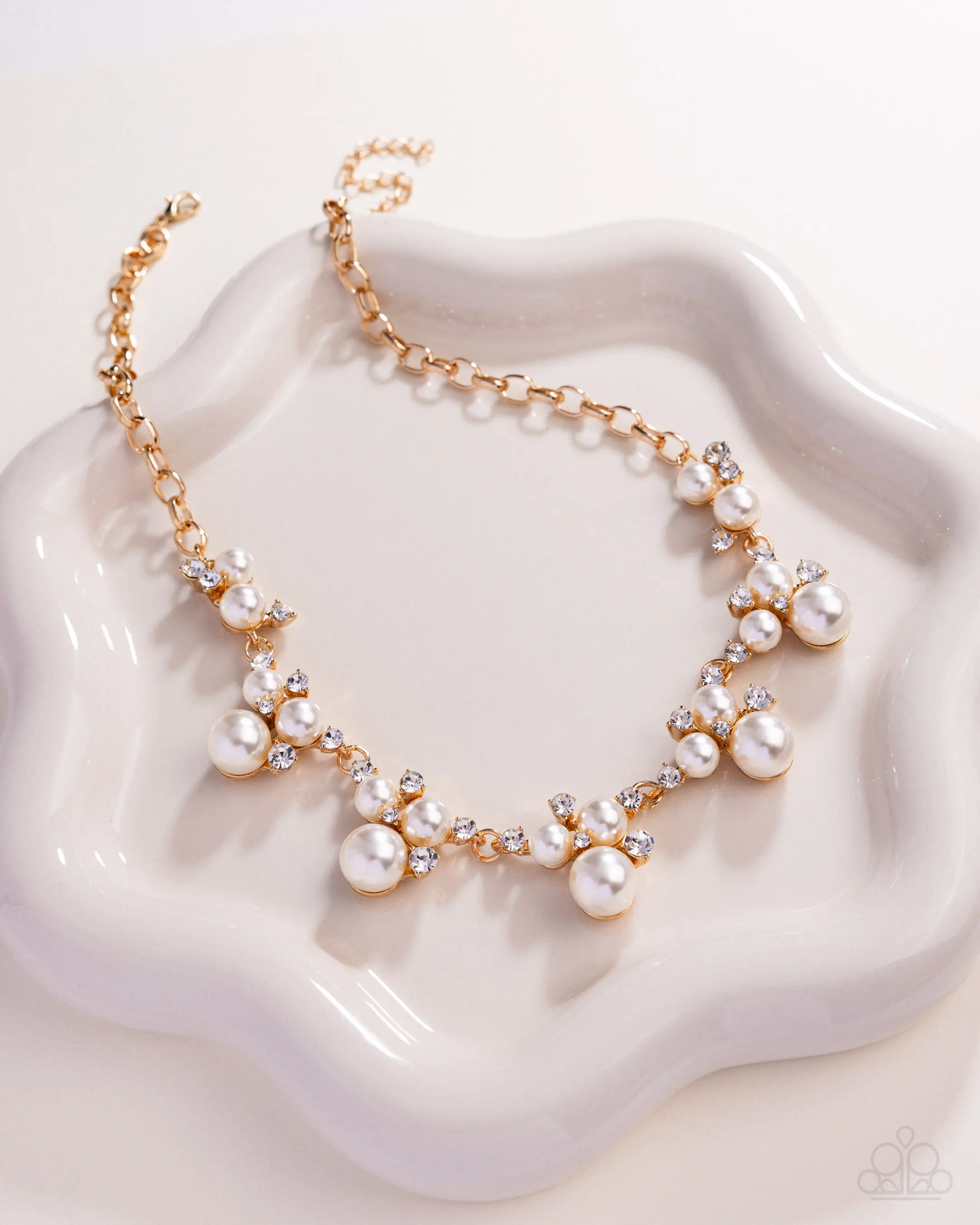 Pearl Rhinestone Gold Statement Necklace + Earrings