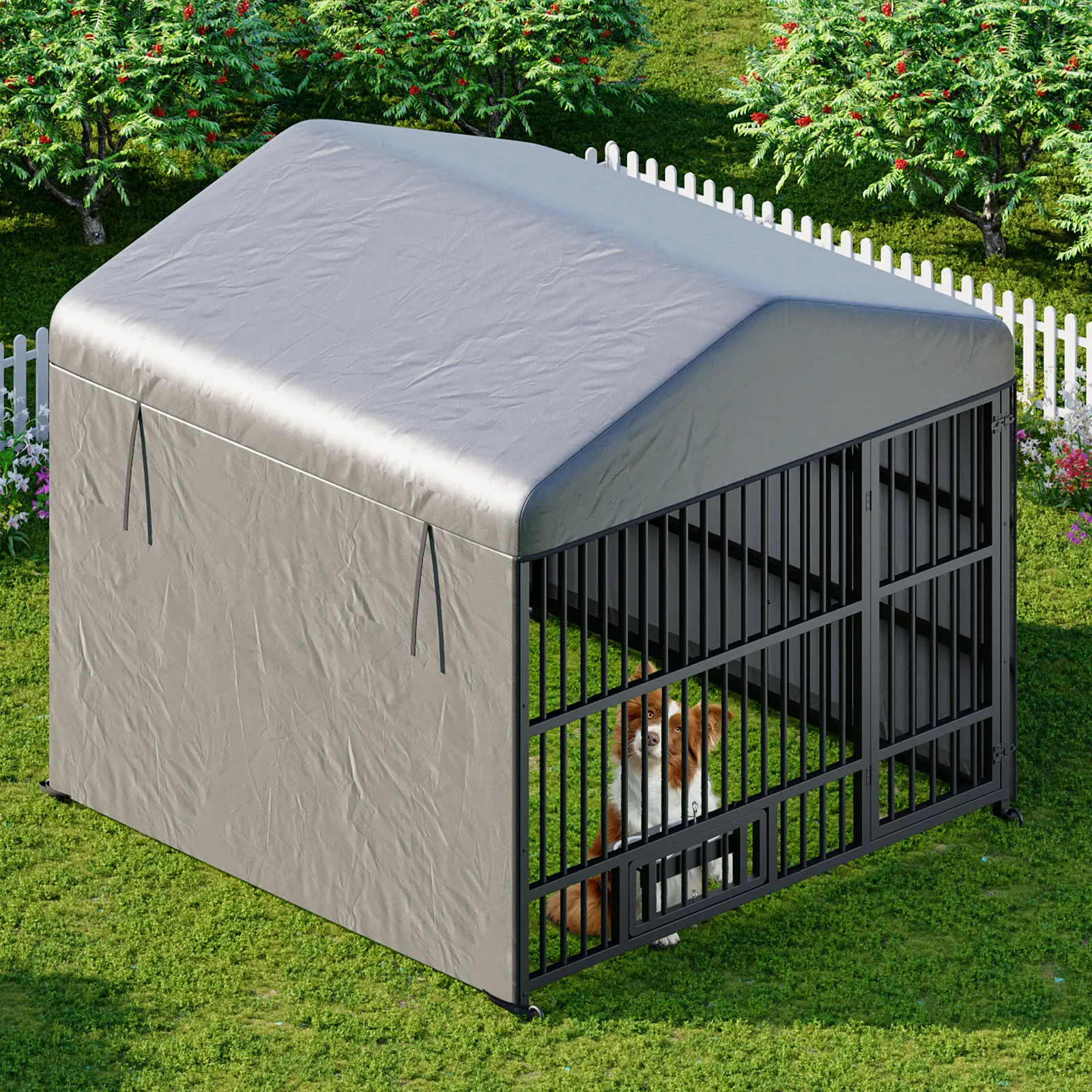 HOOBRO Outdoor Dog Kennel with Cover, 6.6 x 6.6 x 6.4 ft Dog Kennel Outside with Waterproof Roof and Rotating Feeding Bowls, Heavy-Duty Large Cage Enclosure, Dog Playpen Fence, Black #SummerVibes