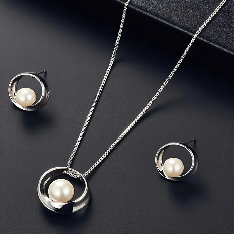 [Elegant Matching Pearl Jewelry Set] Faux Pearl Necklace Pendant, Round Earrings 2-Piece Costume Jewelry Set for Women, Elegant Jewelry Set, Matching Jewelry Set