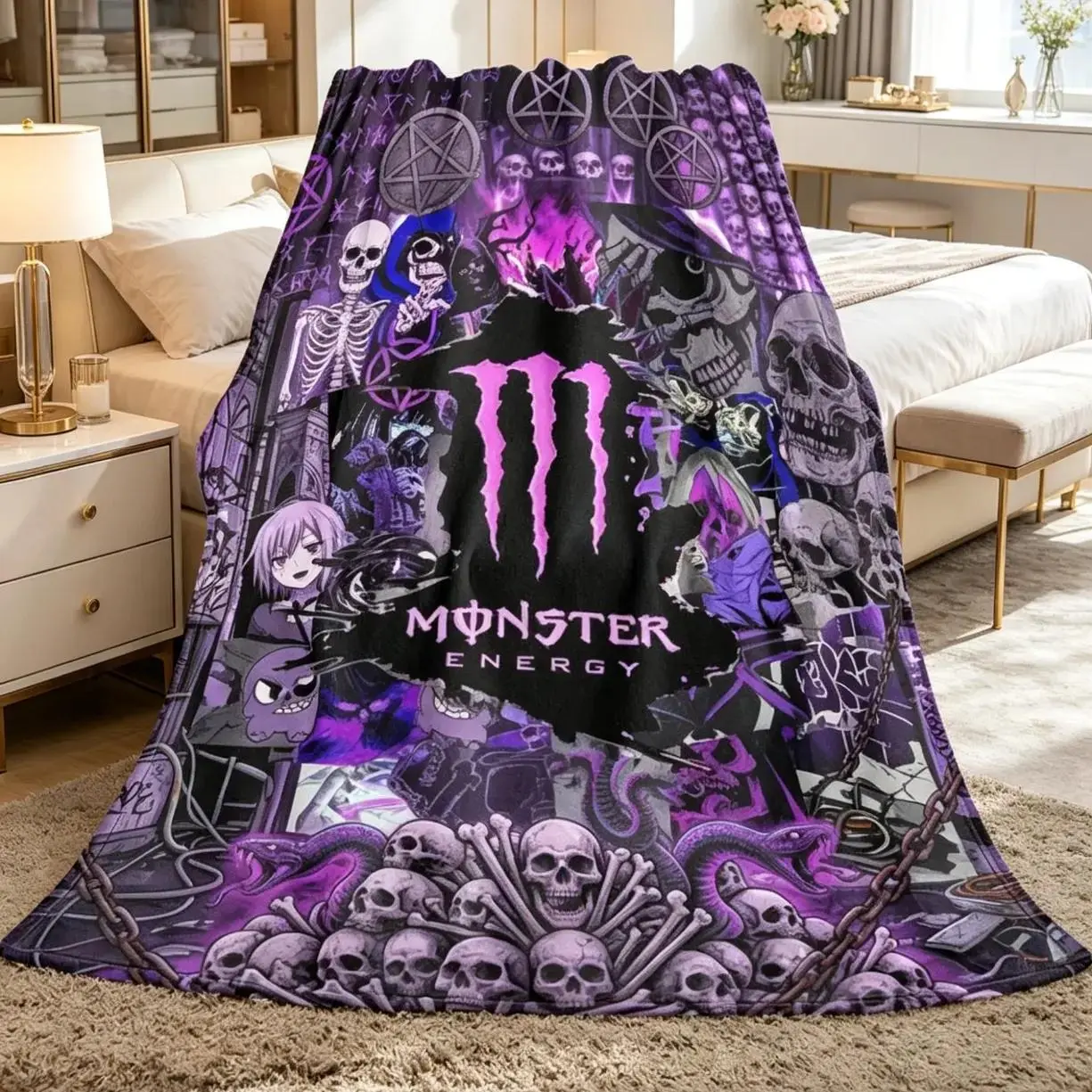 Gothic Skull Flannel Blanket, Dark Purple Pentagram Throw Blanket, Soft Warm Cozy Blanket for Bedroom Sofa, Halloween Decor, Gift for Alternative Lovers