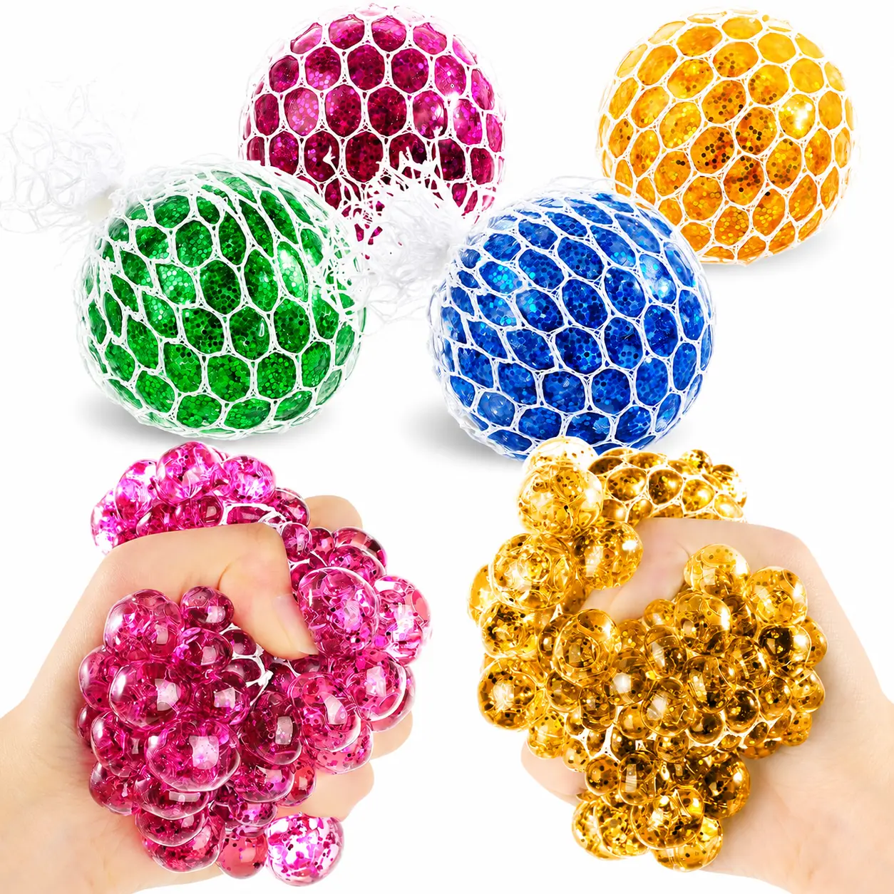 Glitter Mesh Grape Stress Balls, Squishy Sensory Fidget Toys for Anxiety Relief, Soft Squeeze Mesh Balls for Kids Adults, Hand Exercise Stress Relief Toy, Party Favor Gifts, Stretchy Squishy Toys