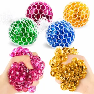 Glitter Mesh Grape Stress Balls, Squishy Sensory Fidget Toys for Anxiety Relief, Soft Squeeze Mesh Balls for Kids Adults, Hand Exercise Stress Relief Toy, Party Favor Gifts, Stretchy Squishy Toys