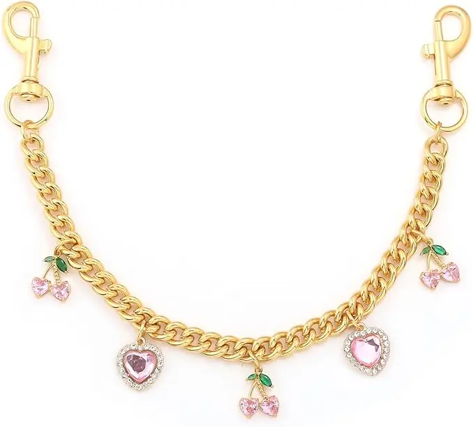 Cherry Heart Pink Rhinestone Bag Charm Set - Stylish Playful Purse Charms for Handbags, Luxe Trending Bling Bag Chain, Cute Keyring Accessory for Backpacks, Bag Purse Charms