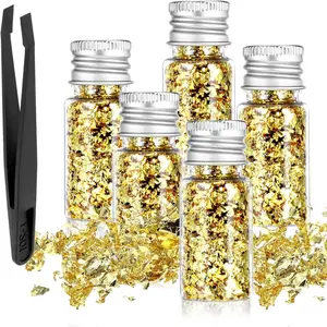 5Pcs Decorative Gold Leaf Multifunction Gold Flakes Cake Baking Foil Decor with Plastic Tweezers for Cooking Dessert Steak Decoration Crafts Makeup