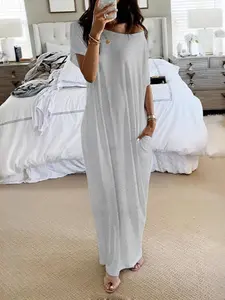 Women's Comfortable Loose-Fit Short Sleeve Nightgown, Casual Home Wear for All Seasons, Soft Round Neck Sleepwear with Batwing Sleeves