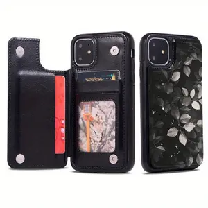 Minimalist Black White Leaves Leather Wallet Card Holder Phone Case for iPhone 17/16/15/14/13/12 Pro/Plus/Pro Max/Air Shockproof Cash Flip Wallet with Multi Card Slots Protective Cover