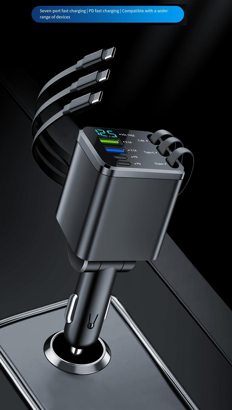 7-in-1 Car Charger — Retractable 3-in-1 Cable (Lightning + Built-in Type-C), PD 66W Fast Charging, and USB Port; Features Smart Chip Protection and Digital Voltage Monitoring; Widely Compatible with iPhone, Samsung, and Huawei Devices.