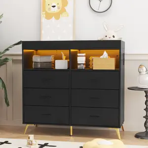 OUTGOODS LED Light & Power Outlet Baby Changing Table Dresser - 6 Drawers, Metal Feet, Organizer & Diaper Station for Nursery or Bedroom