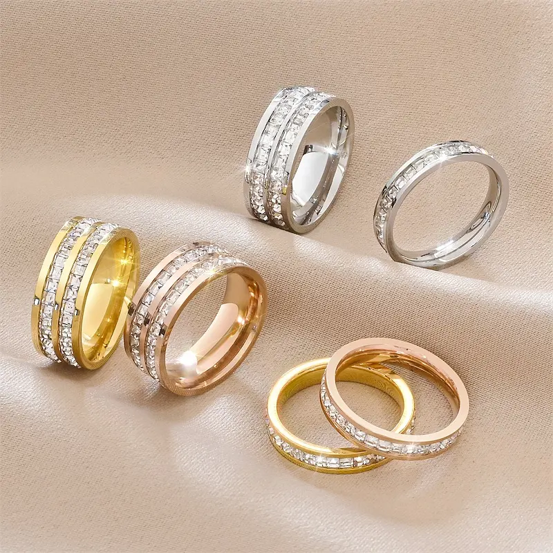 Multi Tones Double Row Paved Rhinestone Band Rings for Women Girls, Silver Gold Rose Gold Thin Stackable Wedding Promise Band, Non Tarnish Dainty Minimalist Luxury Statement Jewelry, Trendy Daily Bridal Date Banquet Valentine Holiday Gift Accessory, Gold