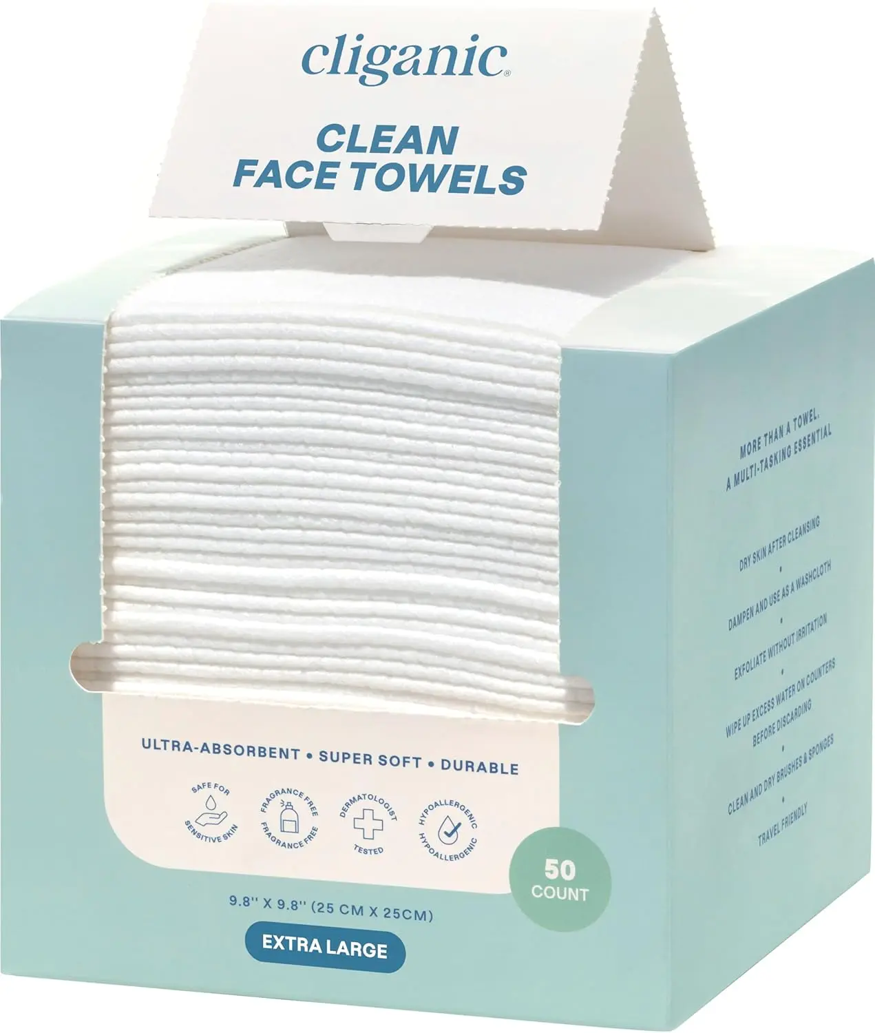 Cliganic Clean Face Towels XL, Disposable, Ultra-Absorbent, Hypoallergenic & Soft - Makeup Remover Dry Wipes, Pamper Your Face, Feel Fresh & Radiant, Hygienic Towelettes, for All Skin Types (50 Ct) Box