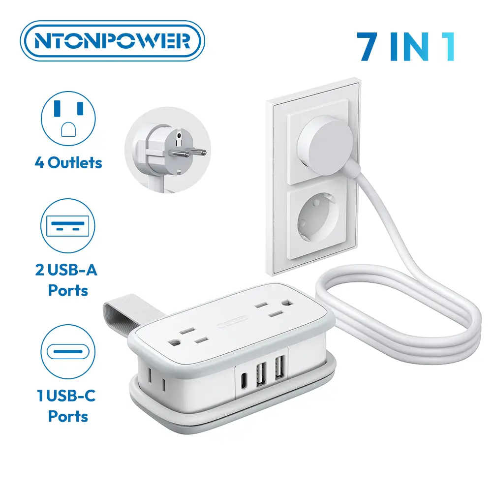 NTONPOWER European Travel Plug Adapter, Type E F Plug Adapter, Italy Travel Adapter with 4 Outlets 3 USB(1USB C) Ports, 4FT Wrapped Around Cord for Travel Spain Iceland Europe Travel Essentials tiktokshopspringglowup