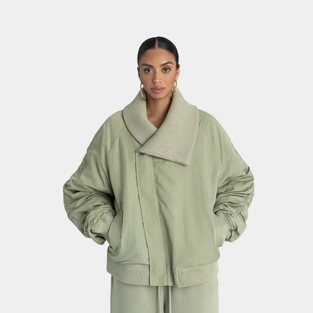 KBB by Kahlana Women's Bomber Jacket, Oversized Asymmetric Style with Shawl Collar, Lightly Padded Woven Garment with Pockets