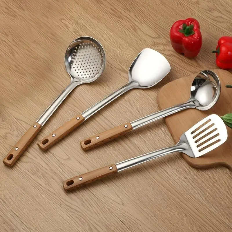 4pcs 304 Stainless Steel Wok Utensils Set - Wooden Handle, Food Grade, Heat Resistant, Brushed Finish, Anti-Scald Protection, Hanging Hole - Wok Spatula, Ladle, Slotted Spoon, Strainer - For Diverse Cooking, Daily Kitchen Use, Oil Drainage, Thoughtful Des