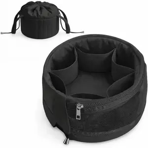 Lay Flat Drawstring Makeup Bag, Large Travel Toiletry Bag for Women, Puffer Bag with Zipper, Quilted  Case for Essentials Organization & Travel,  (Black)