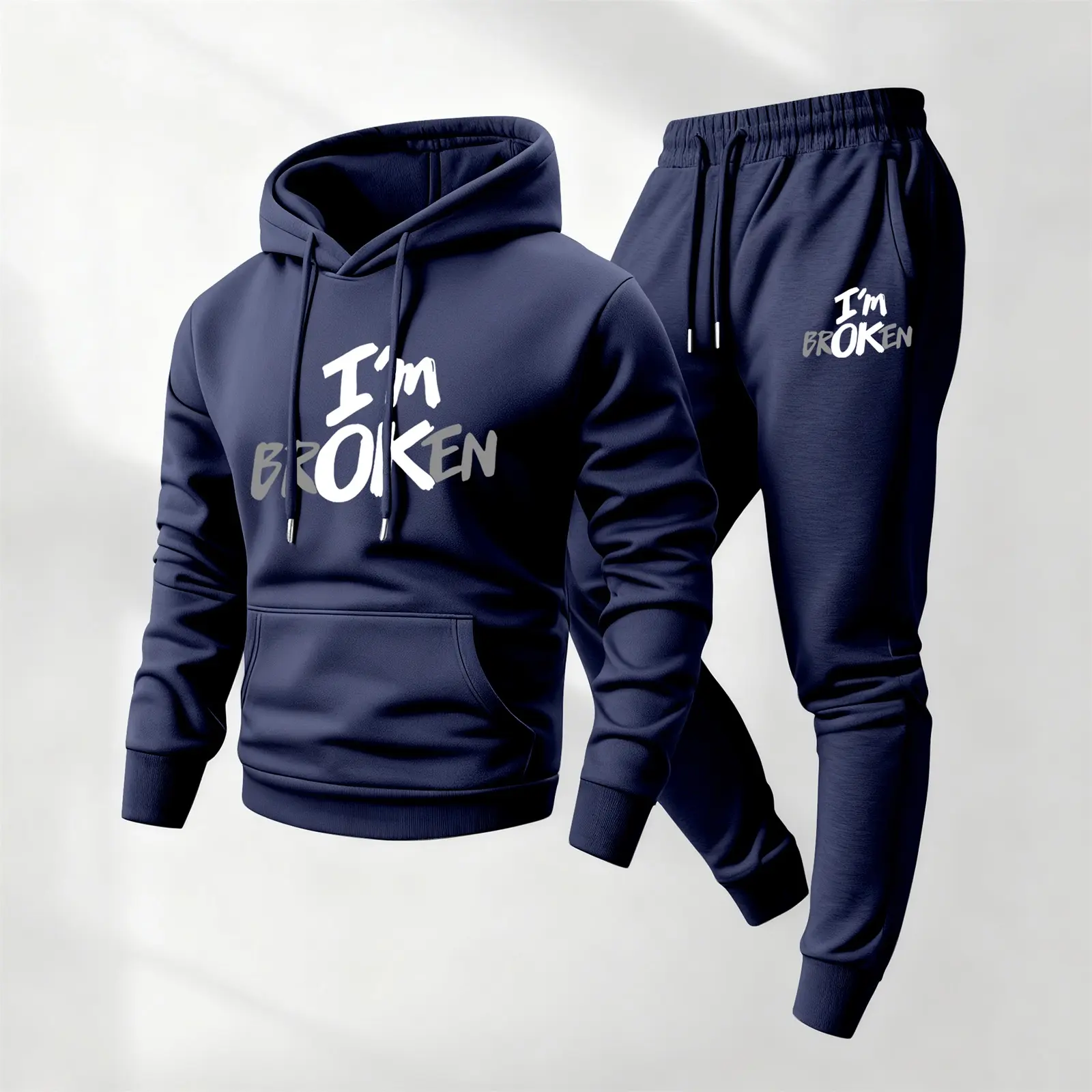 Men's 2-Piece Polyester Long-Sleeve Loose-Fitting "I'm Broken" Printed Text Hoodie & Full-Length Drawstring Sweatpants Casual Outfit Set - Athleisure Sportswear Tracksuit for Fall, Winter Daily Use