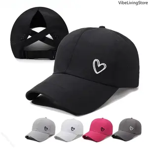 Women's High Ponytail Heart-Shaped Cotton Baseball Hats, Adjustable Snapback, Breathable Mesh Back, Solid Color Sun Hat for Golf, Daily Outdoor Use