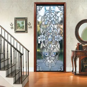 Floral Design Art Door Sticker, Colorful Glass Wall Decal, Self-Adhesive Carved Door Mural, Modern Diamond Detail Door Decor, Floral Pattern Sticker