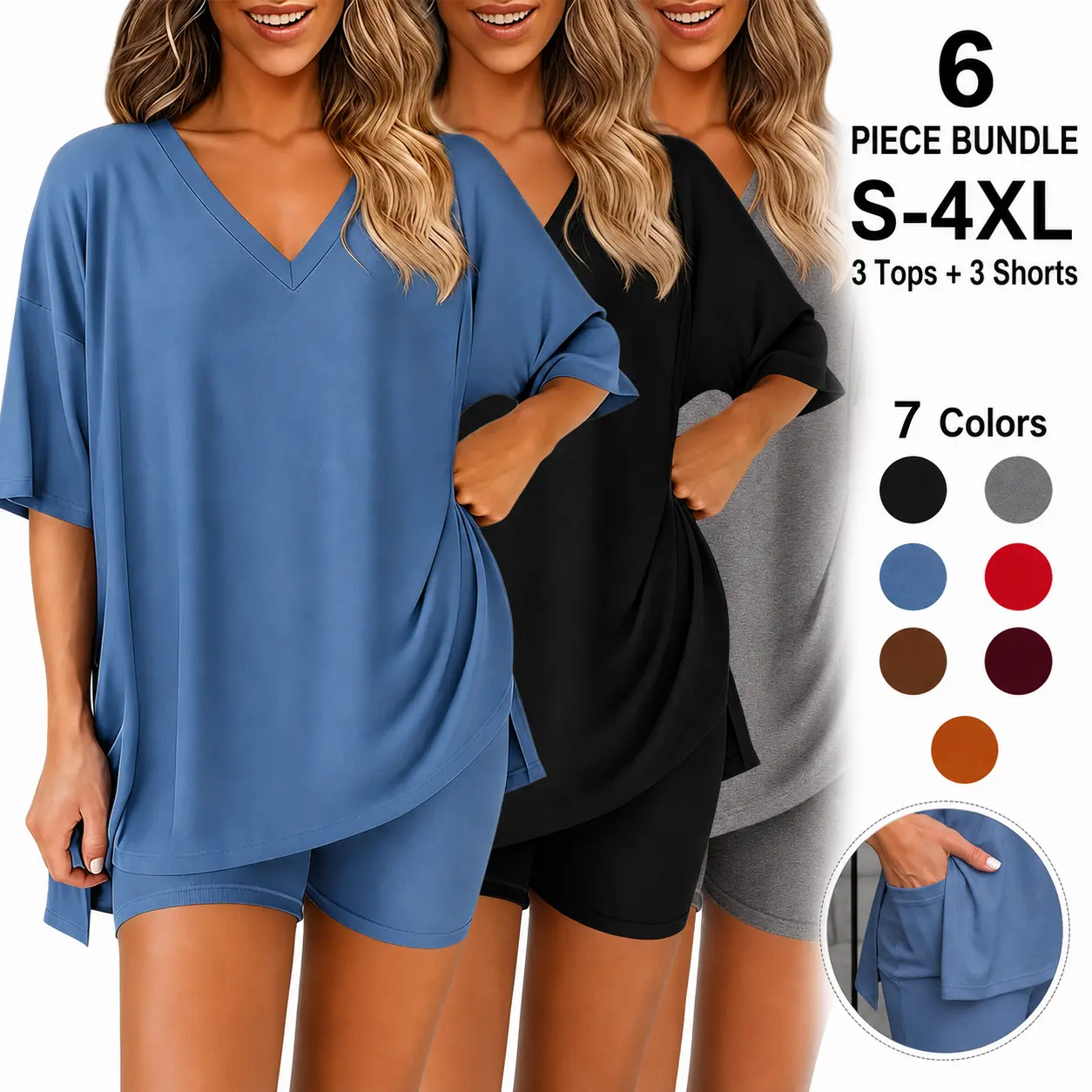 V Neck Two-Piece Set for Women Summer Casual Oversized Split Hem Shirts and Side Pocket Leggings Shorts Minimalist Lounge Wear Soft Double-Sided Brushed Milk Silk Fabric Comfy Homewear Cozy Pjs