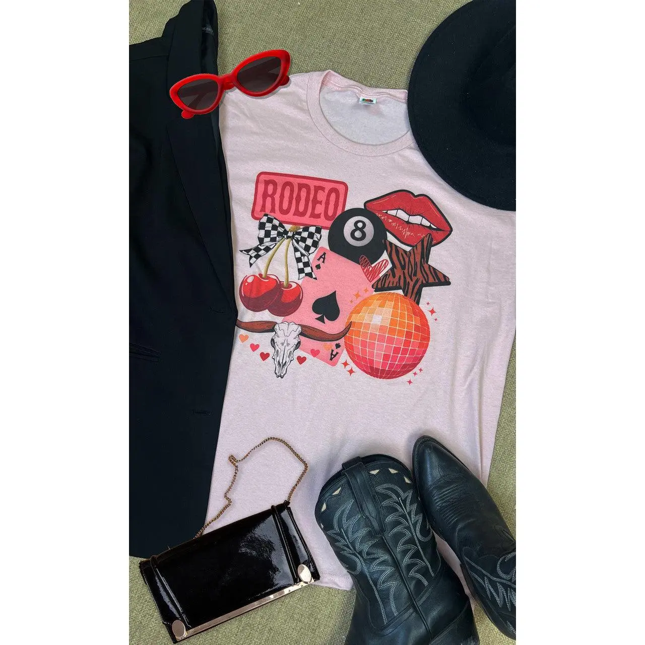 Tees2urdoor Women's Rodeo Collage Graphic T-Shirt, 100% Cotton Casual Crew Neck Tee, Blush Short-Sleeve Romance Streetwear Top, Tshirt, Lady, Easter, Valentines Day, Graphic Print, All Seasons, Short Sleeves, Fitted Cut, Lightweight