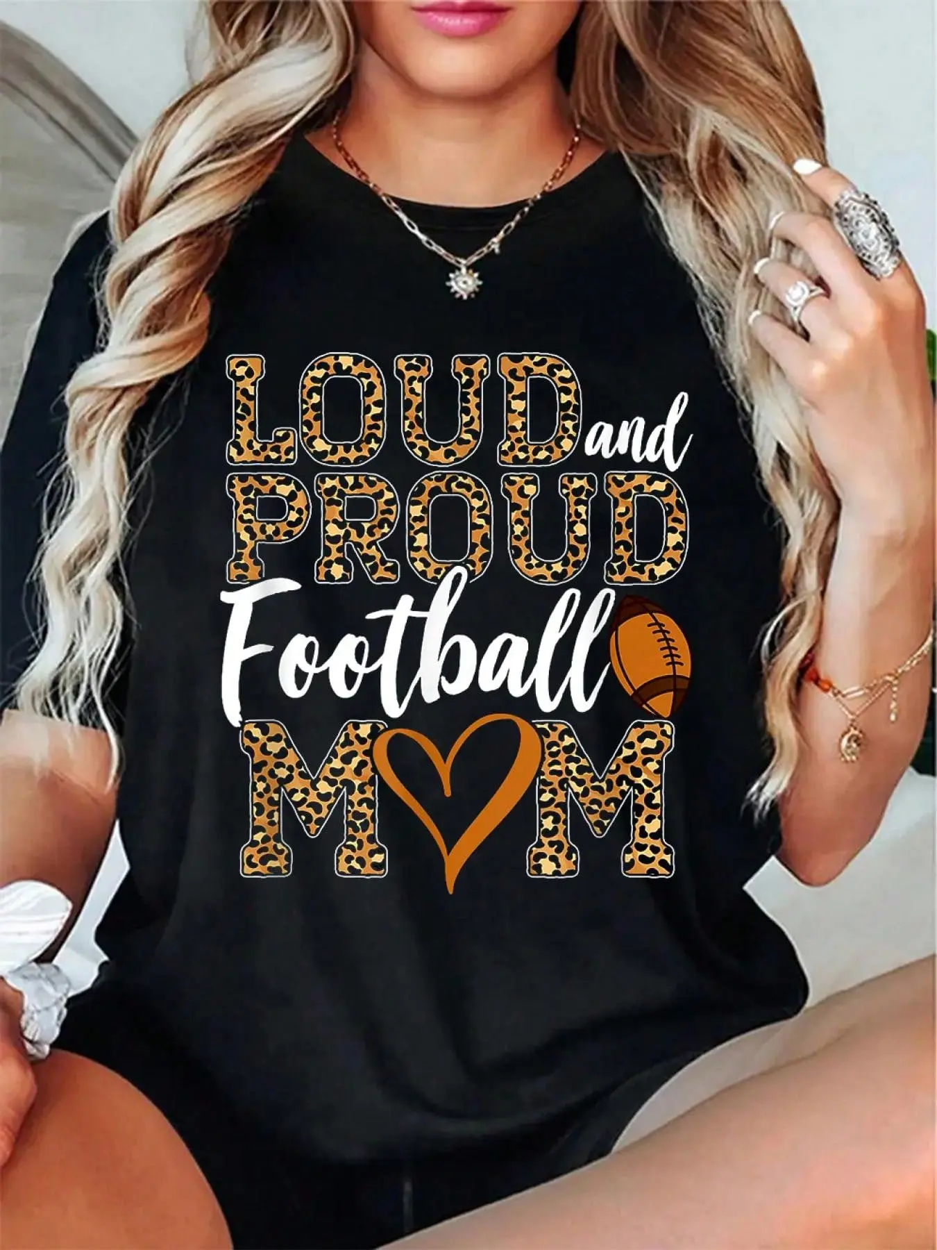 Women's 100% Cotton Soft Simple Fabric Short Sleeve Football Player Mom Leopard Cheetah Fan Graphic Top - Spring & Summer Essential Unisex Tshirt For Everyday Wear, Fit, Round Neck, Animal Print Graphic Women's T-Shirts, Brown Leopard Women's T-Shirts