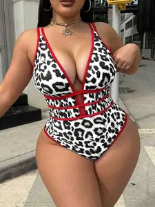 Swim SXY Plus Size Women's Leopard Print Deep V-Neck Sexy Backless One-Piece Swimsuit, Suitable For Beach & Holiday