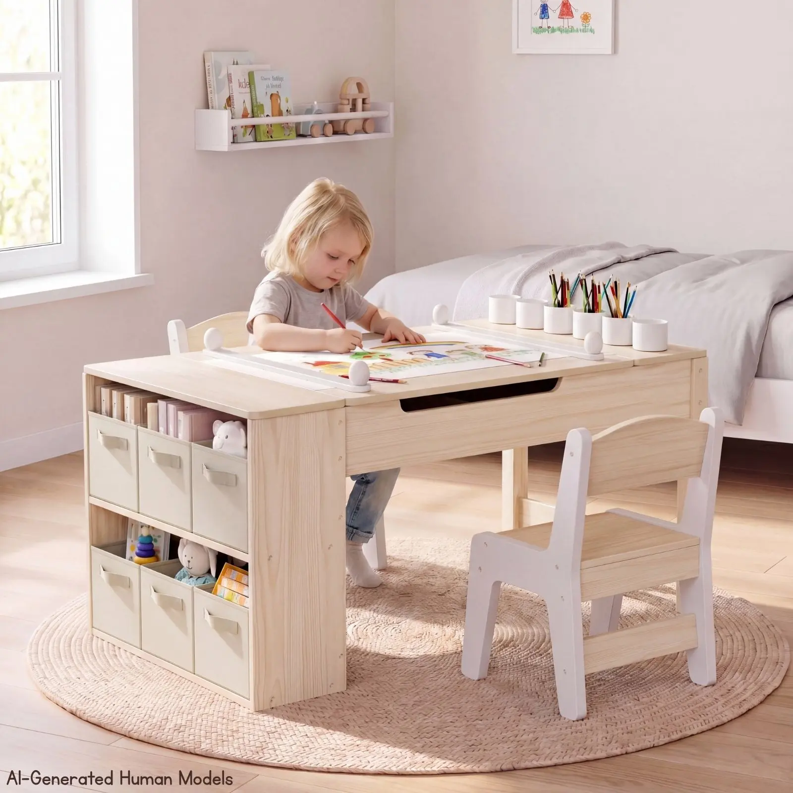 MAMIZO 3-in-1 Child-Sized Table & Chair Set, Nursery Furniture, Multifunctional Wooden Toddler Activity Desk with Large Storage, 6 Paint Cups, 6 Storage Bins, Paper Roll 【tiktokshopsummersale】