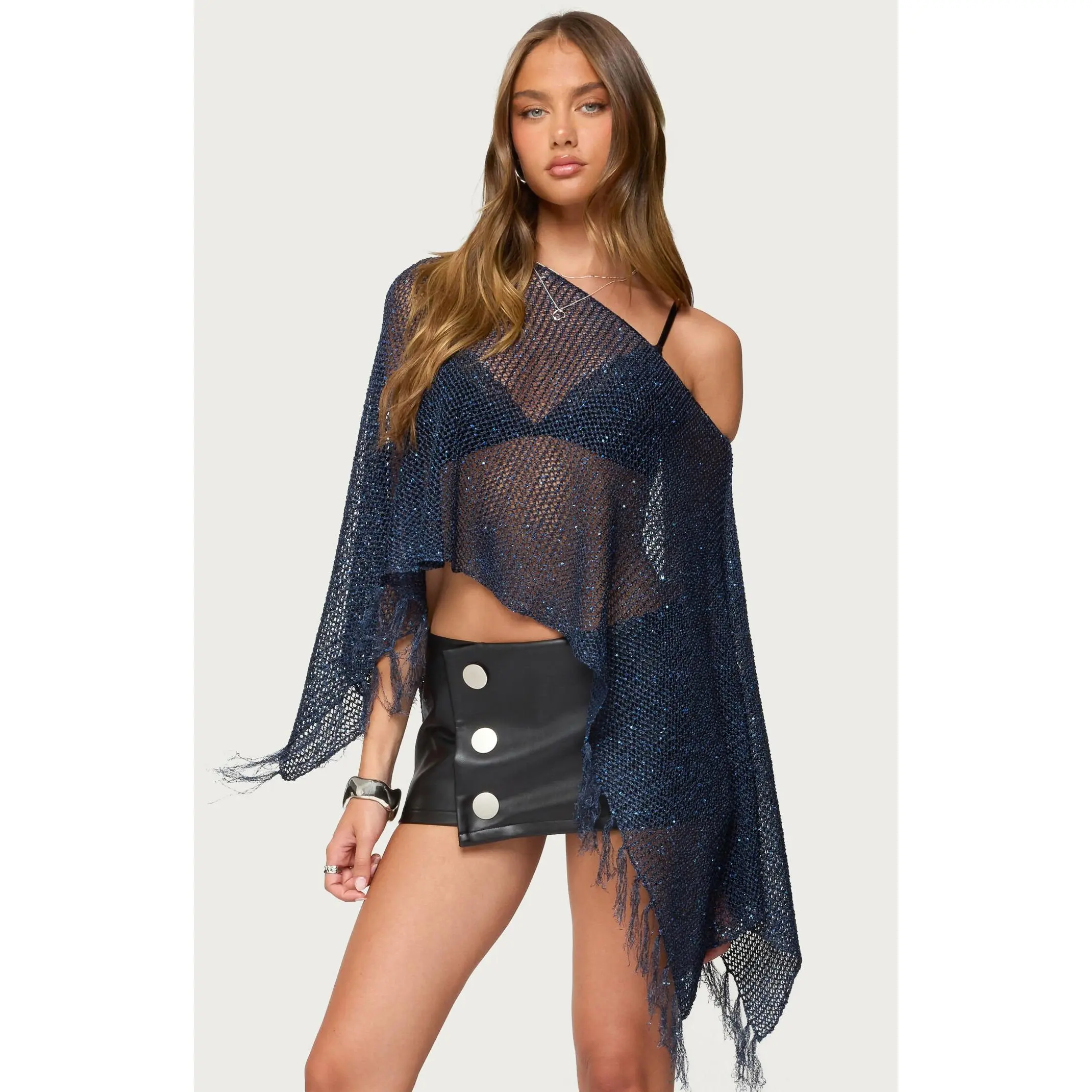 Edikted Women's Sequin Fringe Knit Poncho Edikted Women's Sequin Fringe Knit Poncho