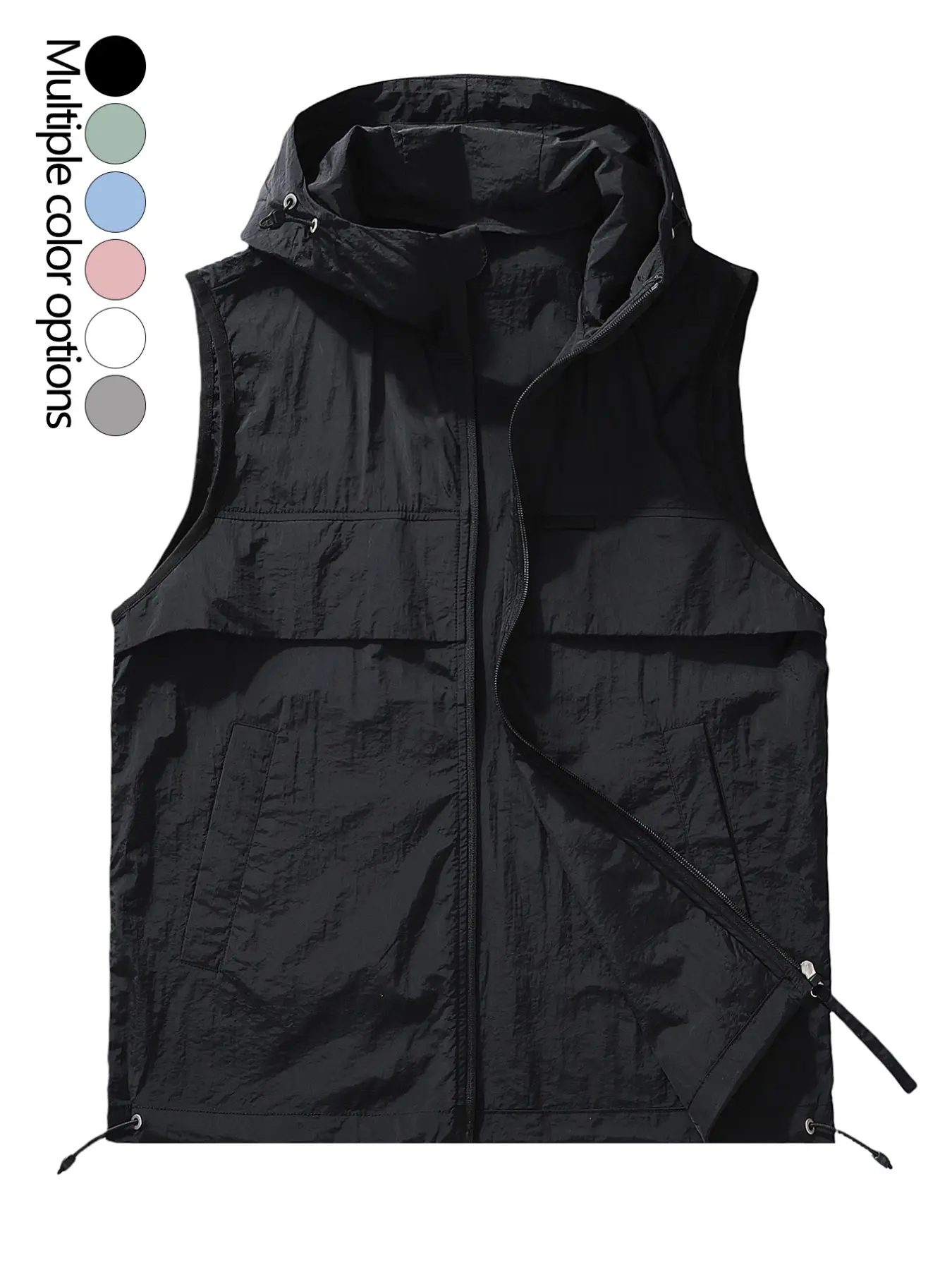 Men's Lightweight Breathable Hooded Vest, Street Style Vest, Summer Cool Outdoor Casual Sleeveless Jacket, Loose Fit Drawstring Design, Plain Gilet, Plain Color Waistcoat