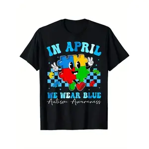 April Autism Awareness T Shirt Featuring Blue Cartoon Puzzle Piece Design for Kids and Adults Support Shirt