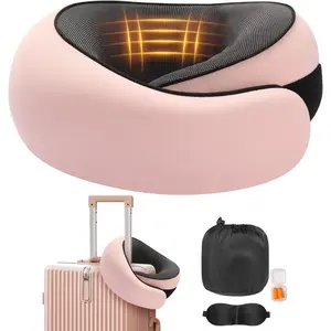 Travel neck pillow made of memory foam for airplane, car, and office use; breathable, portable design with eye mask, earplug holder, and carry bag for women and men