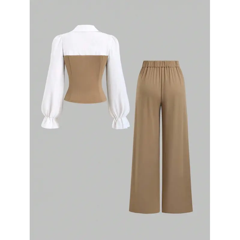 2pcs Office Minimalist Long Sleeve Shirt And Straight Leg Pants Set, Autumn Fall Cloth For Women Bottom Fabric
