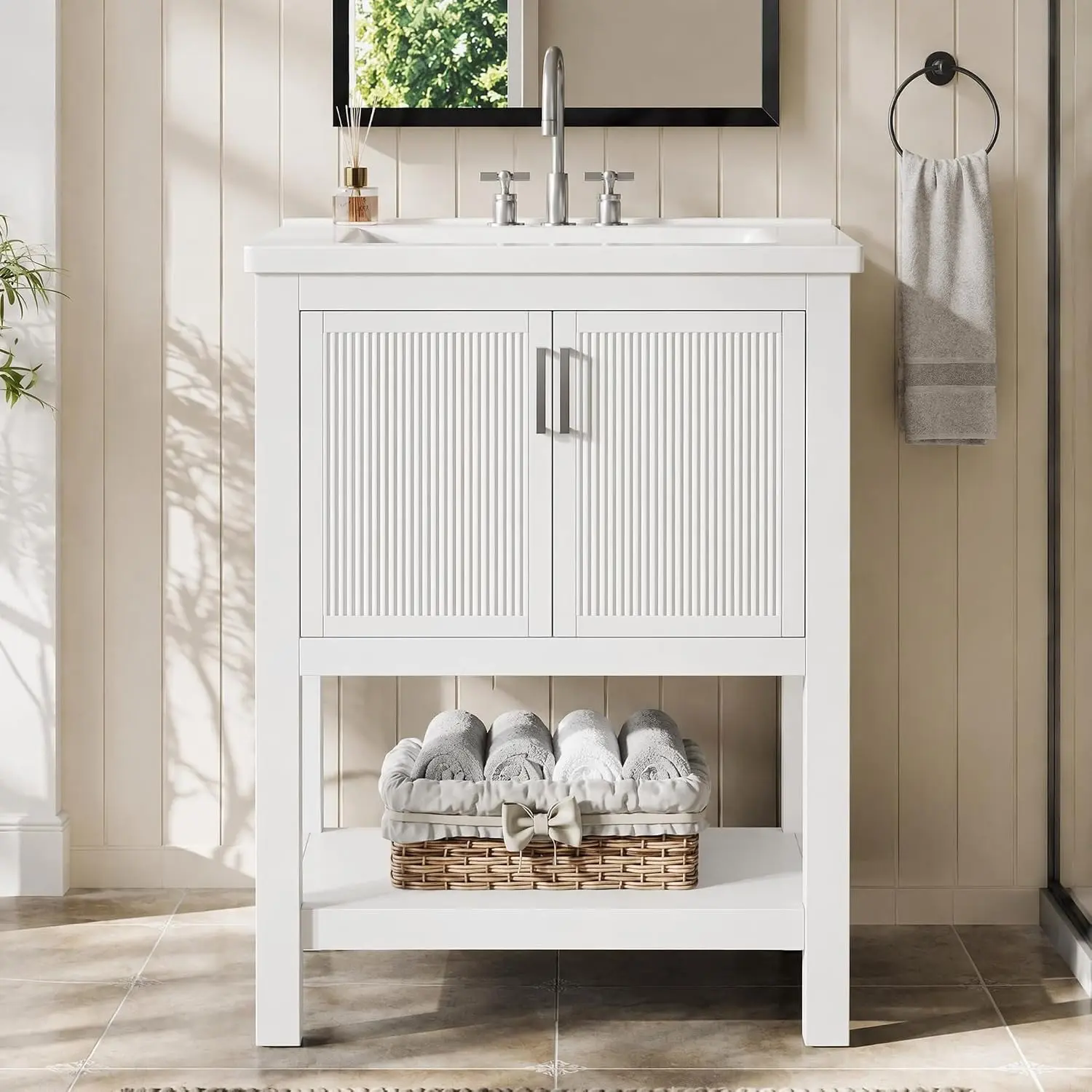 Tribesigns 24" Bathroom Vanity with Sink, Solid Wooden Frame Freestanding Vanity with Ceramic Porcelain Basin, 2-Door Storage Cabinet & Open Shelf for Small Bathroom, Industrial, White