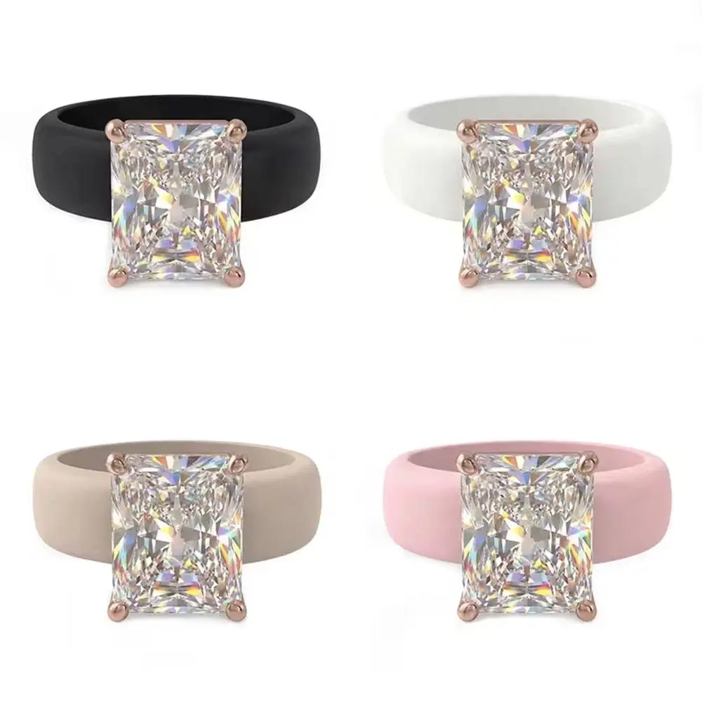 Big Sparkly Radiant Rectangular CZ Diamond Look Silicone Ring Multi Color Hypoallergenic Flexible Silicone Band Ladies Statement Ring For Sports Swimming & Anniversary Gift For Her