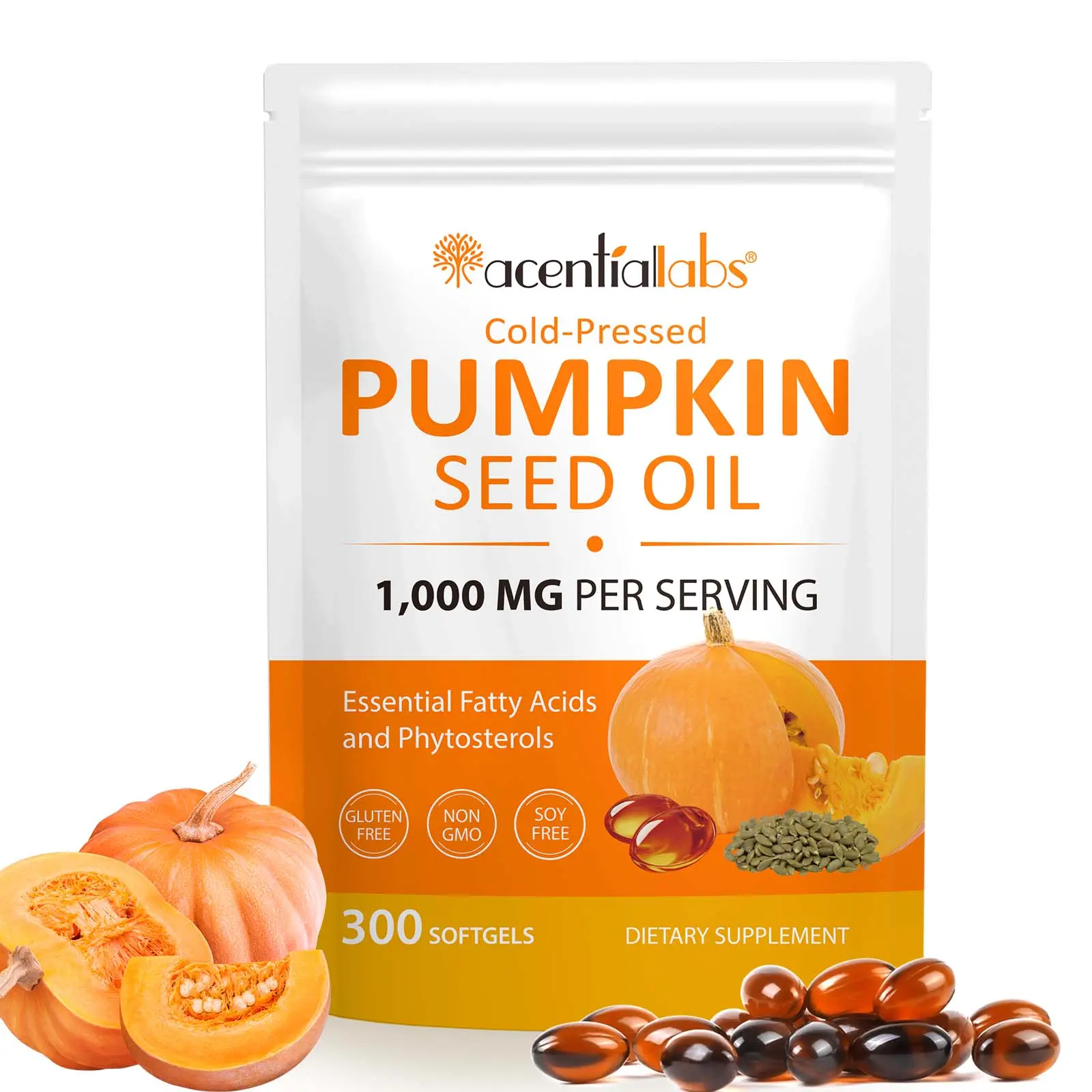Acentialabs Pumpkin Seed Oil with Saw Palmetto 3000mg - Cold Pressed Pure Virgin Oil Supplement for Hair, Prostate & Bladder Support*, with Essential Fatty Acids & Phytosterols, Non-GMO, 300 Softgels (5-Month Supply)