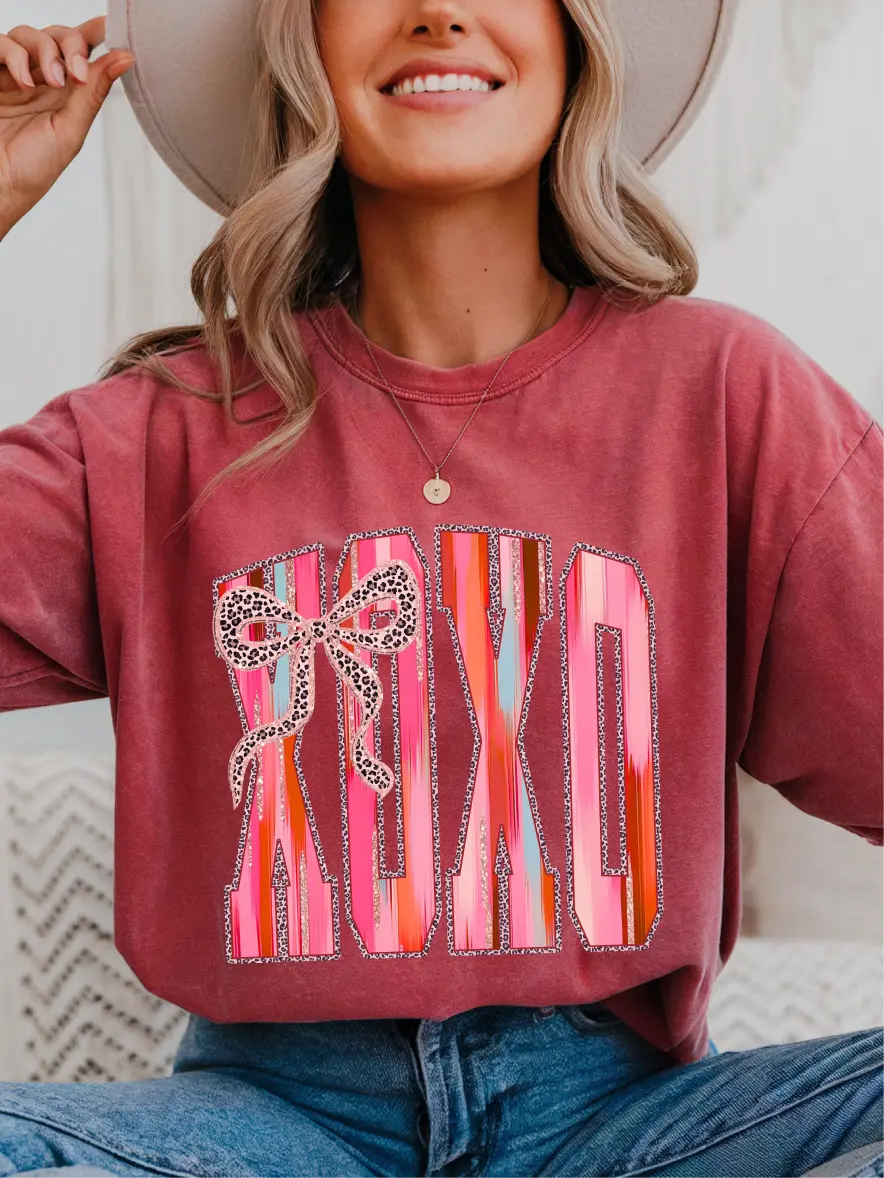 Women's Round Neck Short Sleeve T-Shirt - XOXO Brand, Unisex Fit, Cotton Fabric, CC Garment Dyed Style, USA Printed