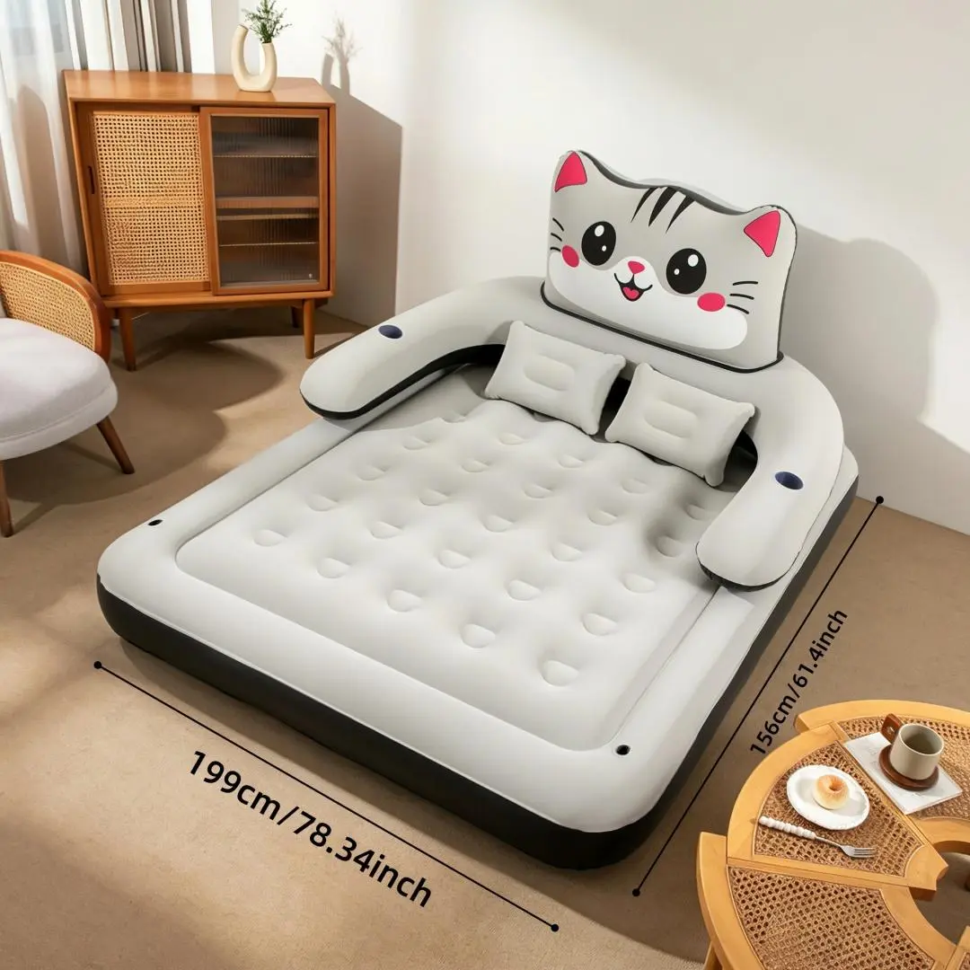Cute cat inflatable mattress with headboard, 3-in-1 Backrest Air Mattress, Comfortable Flocking Surface Inflatable Bed with Built-in Pillows and Armrests, Adult Dual-size Inflatable Bed, Camping, Family, Travel, 2-person Portable Inflatable Bed