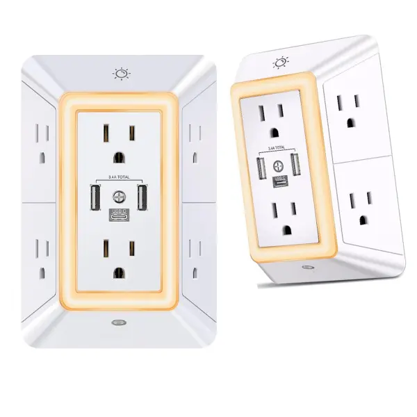Multi Plug 6 Outlet Surge Protector Extender with 3 USB Ports (1 USB-C) & Night Light, 3-Sided Power Strip with Adapter Spaced Outlets, ETL Listed, Ideal for Home & Office Use, White