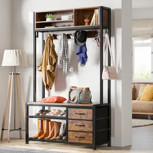 Raybee Furniture Hall Tree with Bench and Shoe Storage, Coat Rack Freestanding with 3 Drawers&12 Hooks, Entryway Bench with Shoe Storage for Hallway