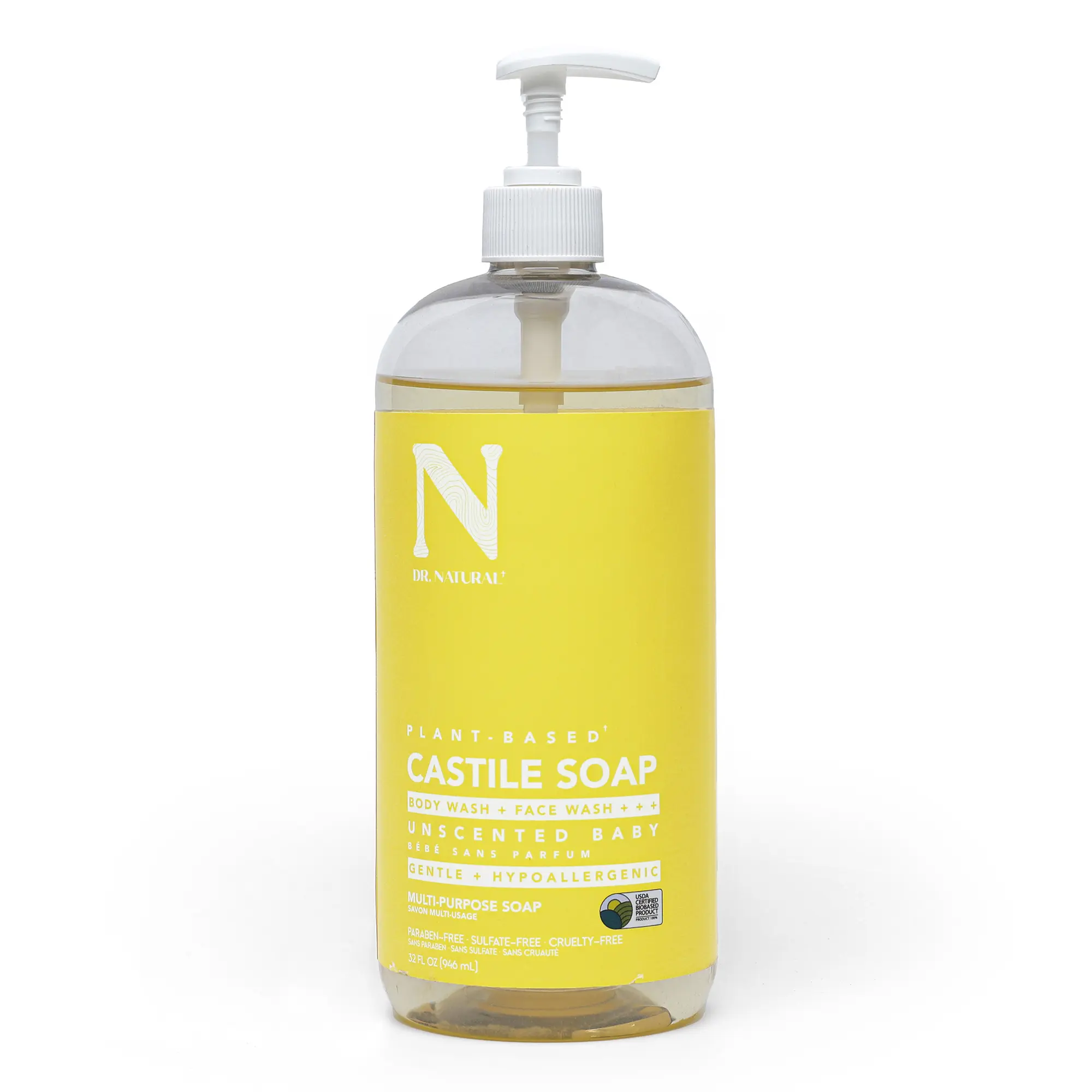 Dr. Natural Unscented Baby Castile Liquid Soap, Multi-Use Body Wash, Shampoo and Face Wash - 32 oz