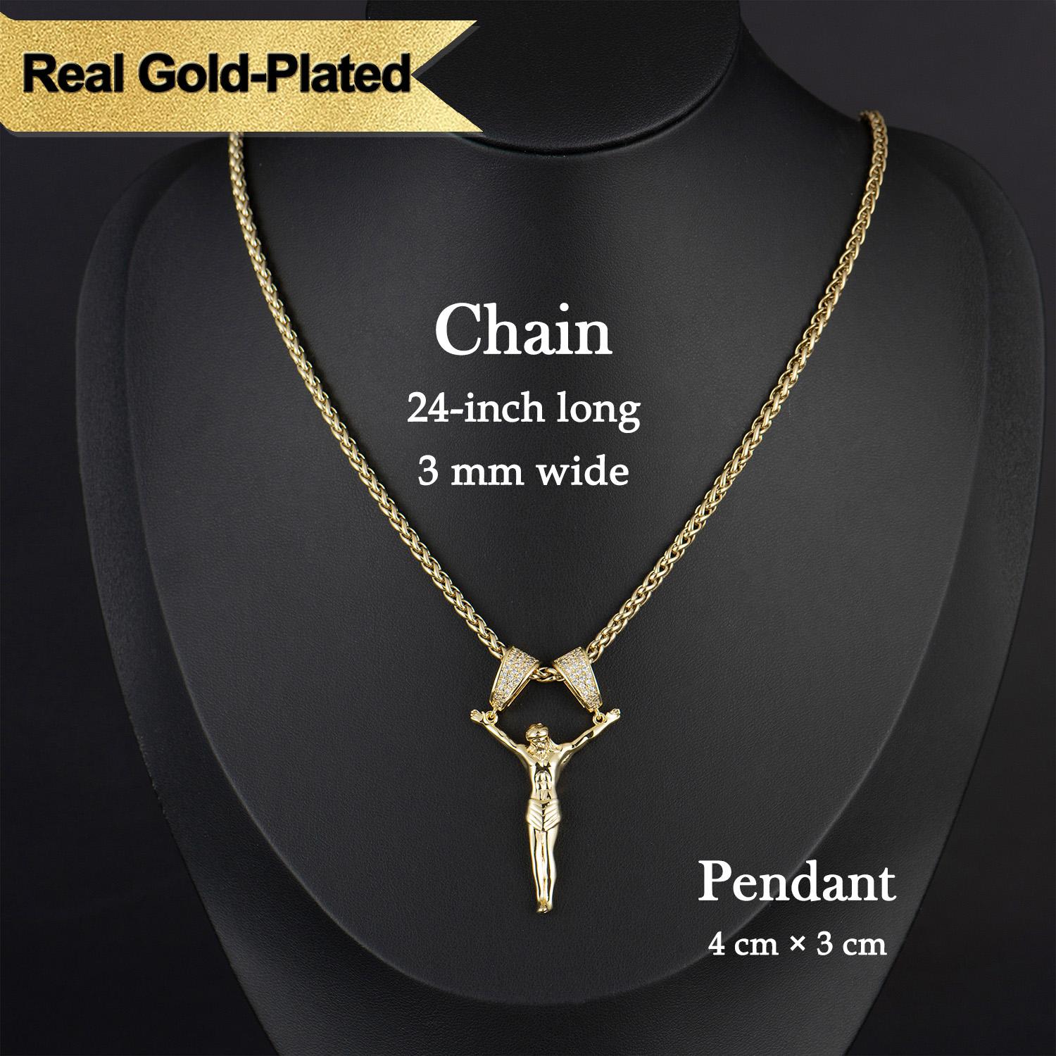 Holylegend 14K Real Gold-Plated Jesus Christ Pendant Necklace for Men and Women, 3D Christ Charm with Diamond Double-Lock Clasps, 24 inches Chain, Religious Gold Plated Jewelry Gift for Fashion Lovers