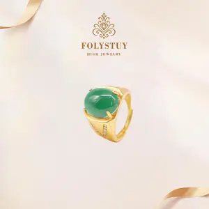 FOLYSTUY YNZ35 Oval Green Jade Statement Ring - Gold Plated with Four-Prong Setting and Side CZ Accents, Bold Vintage-Inspired Jewelry